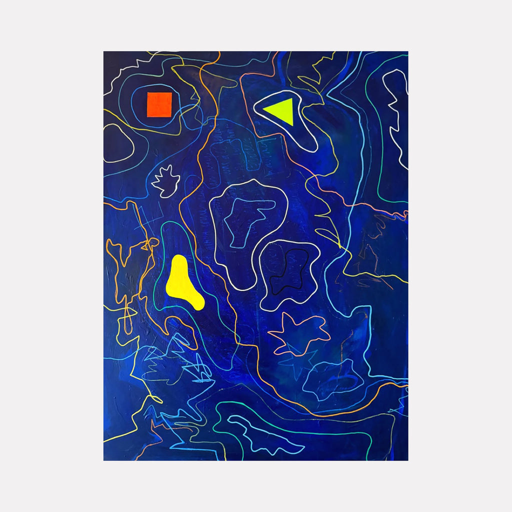 The artwork Azriel by Adele Marchant features an abstract composition dominated by deep blue hues, highlighted with vivid shapes in bright yellow, red, and green. Delicate, flowing lines meander throughout, reminiscent of Joan Miró's surrealist style and the organic forms found in Kandinsky's compositions, creating a dynamic, textured visual experience.