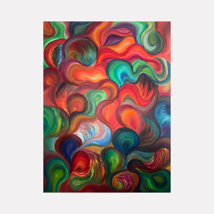 The artwork "A Balancing Act" features dynamic swirling shapes and vibrant colors including red, green, blue, and orange, creating a sense of fluid motion and depth. The acrylic medium highlights smooth textures and layered brushstrokes. This abstract piece by Kim Rosebud captures energy and balance.