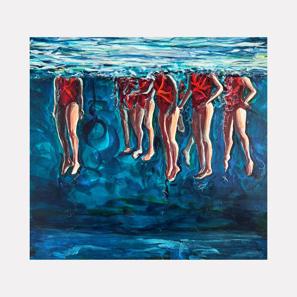 The artwork "A Capacity for Hope" by Jo Carol Mitchell-Rogers depicts six female figures partially submerged in water, wearing red swimsuits, with their heads above the surface and legs visible underwater. The painting uses deep blue and turquoise tones, capturing fluid textures and light reflections reminiscent of impressionist styles with a modern surreal twist akin to works by David Hockney.