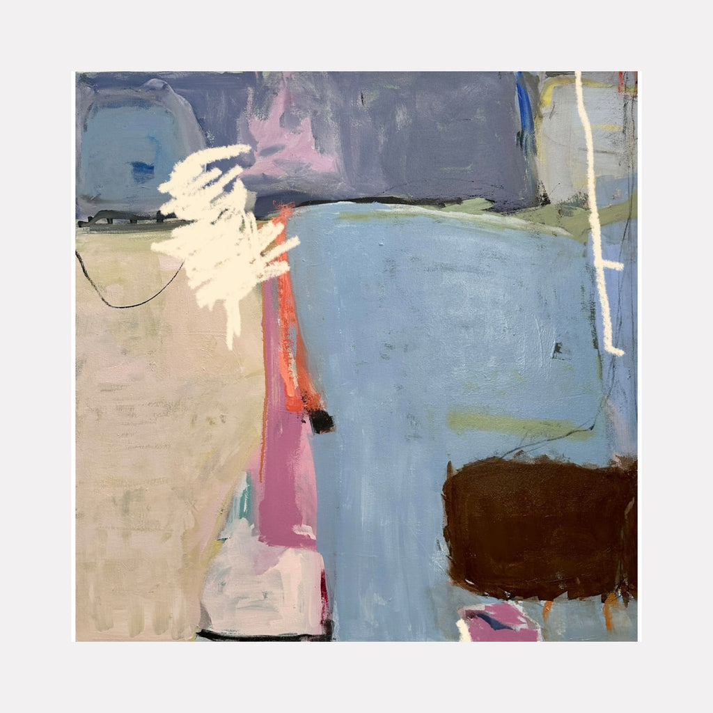 A Cloud with Opinions by Leslie Thornton depicts an abstract arrangement of soft blue, beige, and muted lavender forms punctuated by bold strokes of dark brown, coral, and white. The composition blends fluid shapes and textured layers, evoking a quiet, introspective mood with a contemporary artistic sensibility.