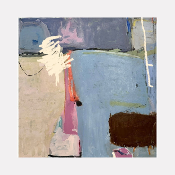 A Cloud with Opinions by Leslie Thornton depicts an abstract arrangement of soft blue, beige, and muted lavender forms punctuated by bold strokes of dark brown, coral, and white. The composition blends fluid shapes and textured layers, evoking a quiet, introspective mood with a contemporary artistic sensibility.
