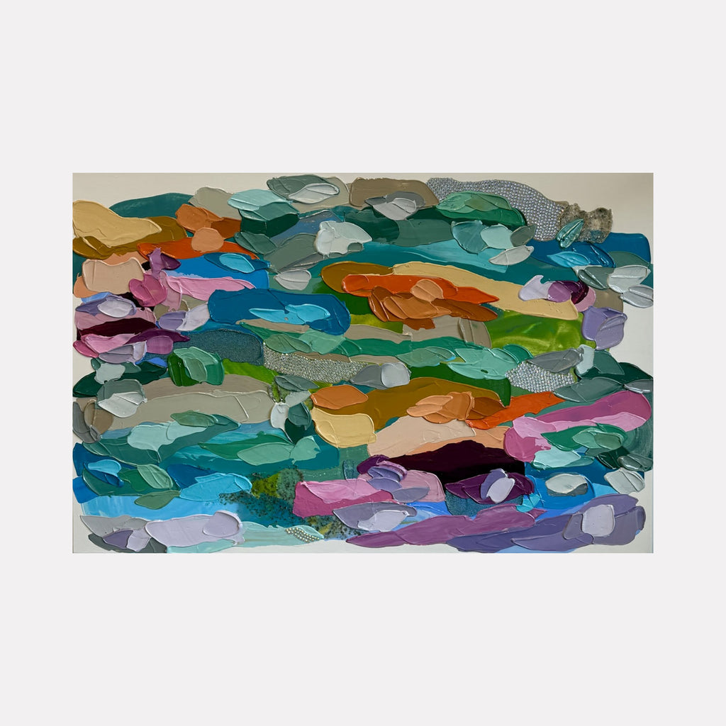 A Day on the Water by Shiri Phillips presents a vibrant collage of overlapping, irregular shapes in a diverse palette of blues, greens, purples, and earthy tones. The textured layers evoke a lively, fluid sensation reminiscent of nature's rhythms, adding a fresh, contemporary energy to any space.