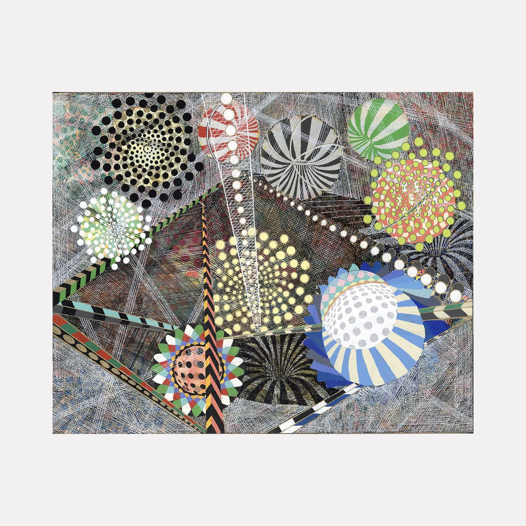 The artwork "A Gathering of Matter" features a dynamic composition of geometric shapes and swirling patterns in various colors including black, white, red, green, yellow, orange, and blue. It exhibits intricate textures and overlapping circular forms with dotted details and striped segments, creating a vibrant visual flow. By Amy Cheng.