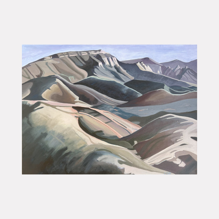 The artwork "A Long Climb" by Connie Falk depicts a sweeping mountainous landscape rendered in soft, muted earth tones with shades of green, blue, and beige. The textured brushstrokes and flowing shapes evoke a style reminiscent of Georgia O’Keeffe’s natural abstractions and the serene compositions of early 20th-century American modernism.