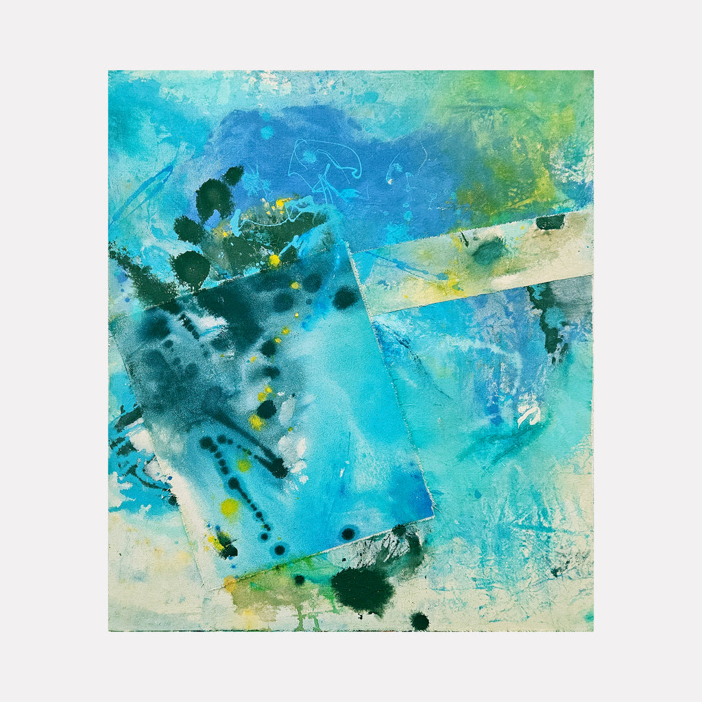 A Moment in Time by Janyce Erlich-Moss is a Curina art piece featuring a layered abstract composition of cool blues and greens with textured, fluid forms and scattered dark and yellow accents, evoking a tranquil, contemplative ambiance in a dynamic aquatic-inspired scene.