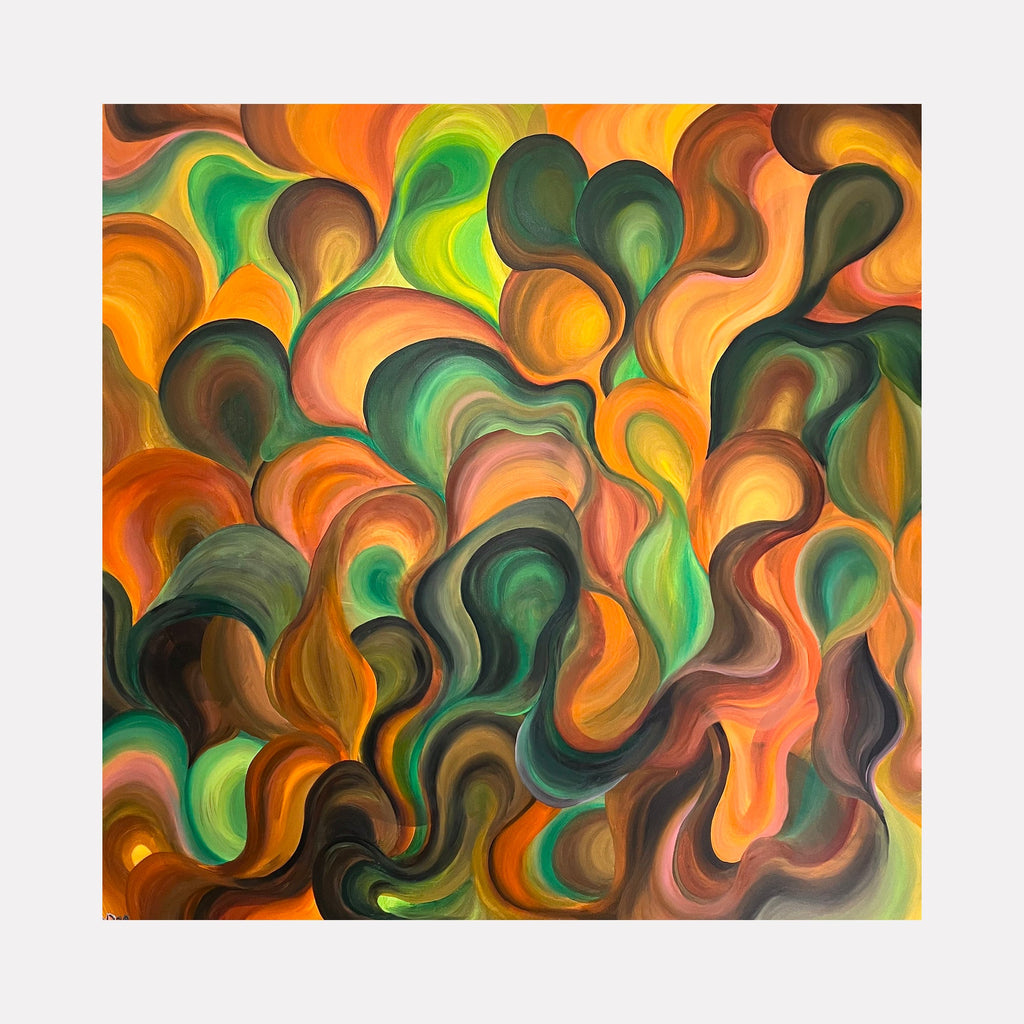 The artwork "A New Vibration" features flowing, organic shapes in vibrant shades of orange, green, and brown, creating a dynamic and harmonious composition with smooth transitions and layered textures in acrylic medium. The piece measures 48 by 48 inches and evokes movement and energy. By Kim Rosebud.