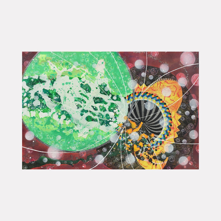 The artwork "A Small Event" features a large green circular form with textured white splatters, contrasted against a background of deep reds and maroons. On the right, a spiraling yellow and black geometric pattern with blue and orange accents creates dynamic movement, overlaid with white, translucent bubbles and swirling lines. By Amy Cheng.