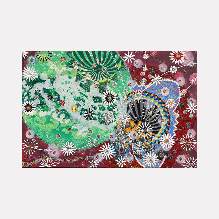 The artwork "A Small Event" by Amy Cheng features an intricate composition of swirling shapes and vibrant colors, including rich greens, deep reds, and bold blues. The design incorporates floral and circular motifs reminiscent of Yayoi Kusama’s dotted patterns and the abstract layering found in Wassily Kandinsky’s works, creating a dynamic and textured visual experience.