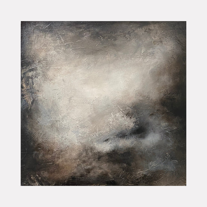 The artwork "A Moment in Time IV" by Xanthippe Tsalimi features an abstract composition with a textured surface blending muted tones of black, brown, and gray. The swirling forms and layered brushstrokes evoke a sense of atmospheric depth and movement, reminiscent of the moody abstractions by Mark Rothko and the textured subtlety of Anselm Kiefer’s landscapes.