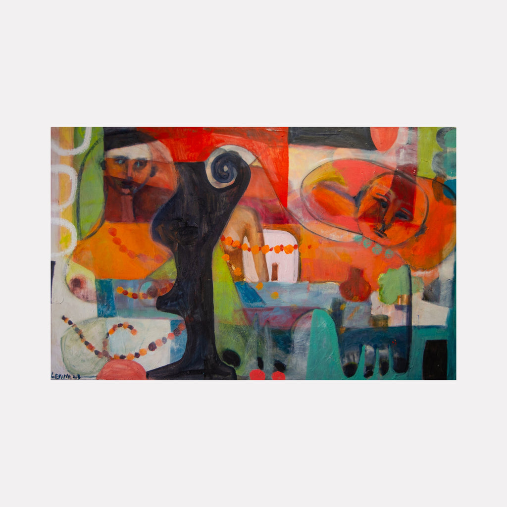 The artwork "A sitter in the jungle" by Jennifer Levine depicts abstract human figures with surreal facial features in a vibrant jungle setting, using bold colors like orange, red, black, and green. The mixed media piece features layered textures and organic shapes, evoking mystery and depth. Jennifer Levine.