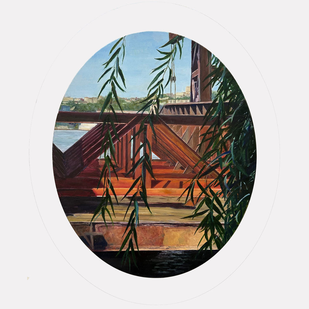 The artwork "Abandoned Pier with Willows, Riverside Park South" by Jessica Ziegler captures a detailed view of rust-colored wooden pier beams contrasted with slender green willow branches in the foreground. The composition’s realistic textures and subtle light recall Edward Hopper’s urban solitude scenes, blending natural elements with geometric structures in a contemplative, painterly style.