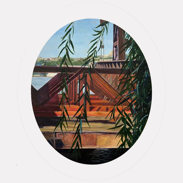The artwork "Abandoned Pier with Willows, Riverside Park South" by Jessica Ziegler captures a detailed view of rust-colored wooden pier beams contrasted with slender green willow branches in the foreground. The composition’s realistic textures and subtle light recall Edward Hopper’s urban solitude scenes, blending natural elements with geometric structures in a contemplative, painterly style.