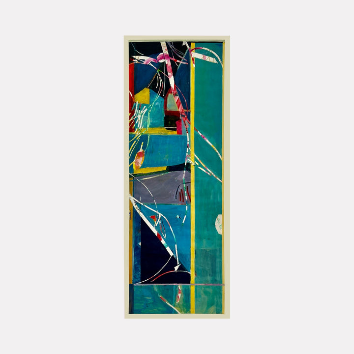 The artwork "Abstract 16.25" features a vertical composition with layered geometric shapes and flowing lines in bold colors including teal, blue, red, yellow, black, and white. The painting exhibits a dynamic interplay of textures and abstract forms framed by thin golden lines. The piece showcases modern abstract expression. Owen Brown.