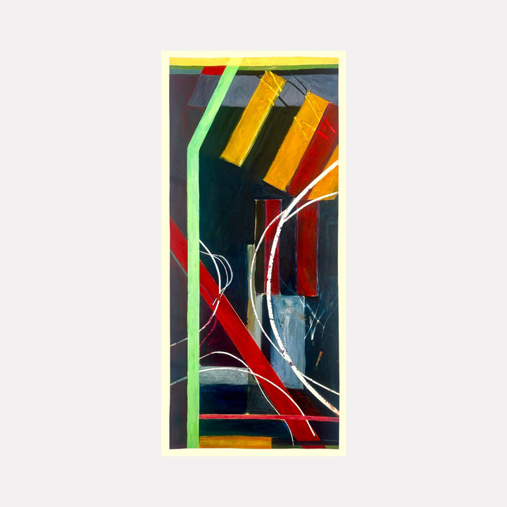 The artwork "Abstract 17.25" features bold geometric shapes with dominant colors of red, yellow, green, and blue, intersected by dynamic white curving lines and textured rectangular blocks, creating a sense of depth and movement in an abstract style. Presented by Owen Brown.