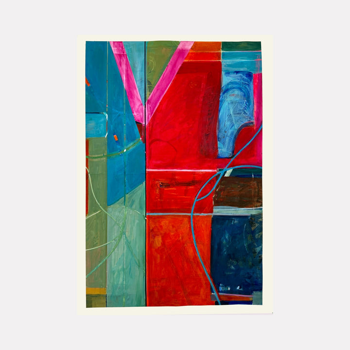 The artwork "Abstract 18.25" features a vibrant composition of geometric shapes and bold colors including red, blue, green, and pink. The textured layers and intersecting lines create dynamic movement, blending angular and curved forms with a modern abstract style. The piece is by Owen Brown.