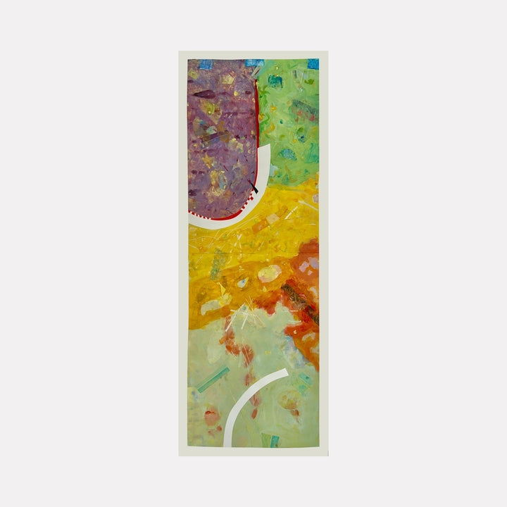The artwork "Abstract 19.25" features a vertical composition with bold patches of purple, green, yellow, and orange hues blending into softer turquoise and red tones. The piece includes curved white lines intersecting the colors, textured brushstrokes, and layered shapes creating a dynamic, vibrant abstract style. By Owen Brown.
