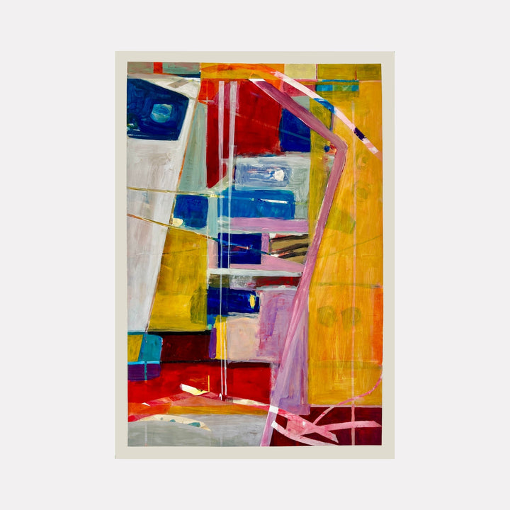 The artwork "Abstract 20.25" features a vibrant composition of geometric shapes and overlapping color blocks in shades of red, blue, yellow, pink, and white. Textured brushstrokes and layered forms create depth in this modern abstract piece by Owen Brown.