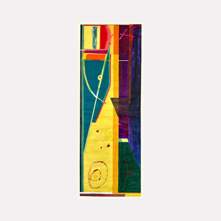 The artwork "Abstract 21.25" features a vertical composition with a blend of geometric and organic shapes in vibrant colors including yellow, teal, red, purple, and green. The texture appears layered with intersecting lines and circular motifs, evoking a modern abstract style. The piece by Owen Brown.