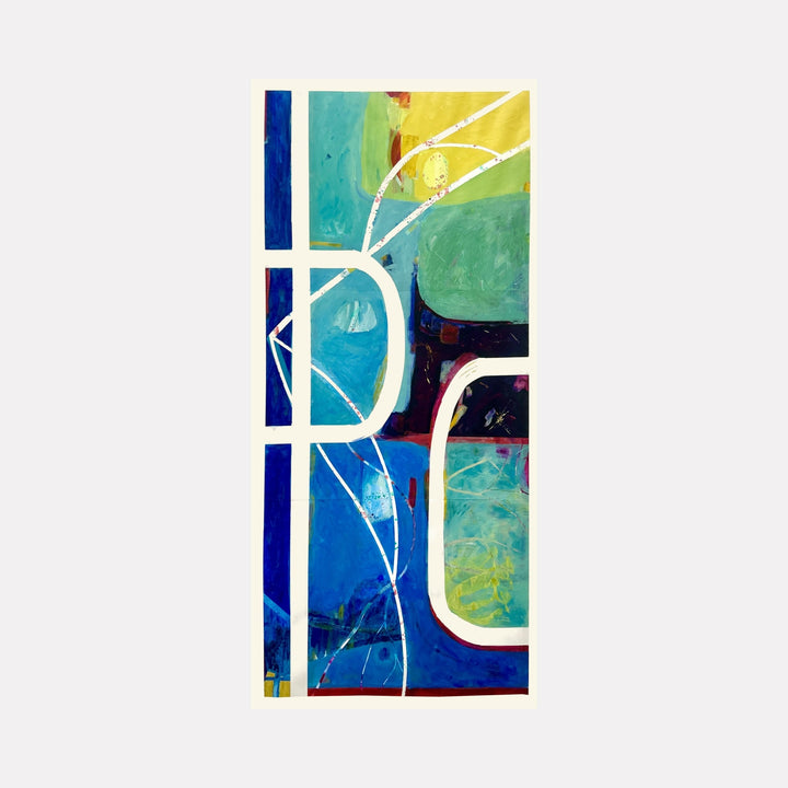 The artwork "Abstract 22.25" by Owen Brown features an abstract composition with overlapping geometric shapes in vibrant blues, greens, and yellows, accented by sharp white lines creating dynamic movement. The textured paint application adds depth and complexity to the modern style piece. Owen Brown.