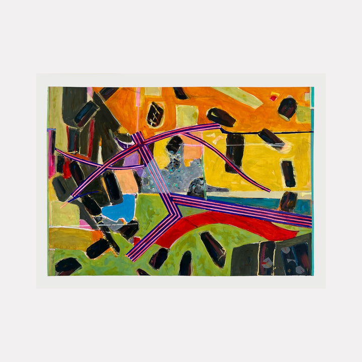 The artwork "Abstract 26.25" features dynamic intersecting lines in vivid purple and red against a backdrop of bold orange, green, and blue shapes. Textured brushstrokes create depth with scattered black rectangular forms, showcasing a modern abstract style. This piece by Owen Brown combines vibrant colors and geometric elements.