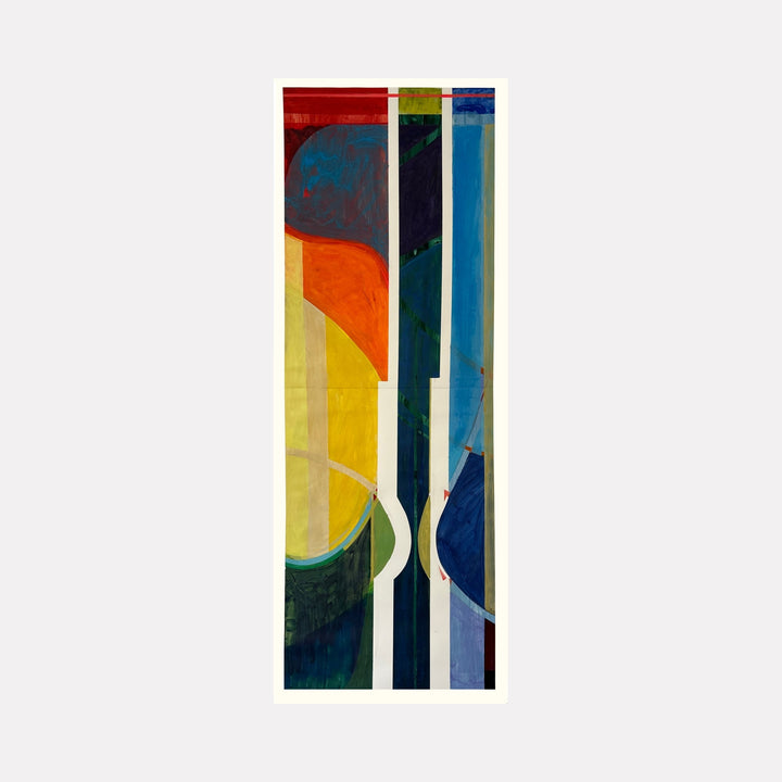 The artwork "Abstract 36.25" features a vertical composition with bold geometric shapes in vibrant colors including red, orange, yellow, blue, and green. It showcases layered textures and sharp contrasting forms creating a dynamic modern abstract style. The piece by Owen Brown emphasizes balance and color interplay.