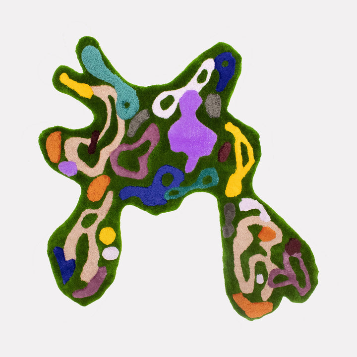 The artwork "Abstract Bouquet" by Abigail Henthorne features an organic, irregular form composed of intertwining shapes in vivid green, purple, blue, yellow, and earthy tones. The textured, layered composition evokes the playful abstraction of Joan Miró and the vibrant biomorphic forms found in the works of Jean Arp.