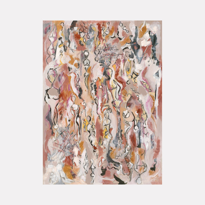The artwork "Abstract Figures #1" features a dynamic composition of loosely sketched human-like forms in varying shades of pink, beige, brown, black, and white. The figures appear elongated and fluid, blending into a textured background with expressive brushstrokes and layered colors, evoking a sense of movement and emotion. Kaitlin Andrews.