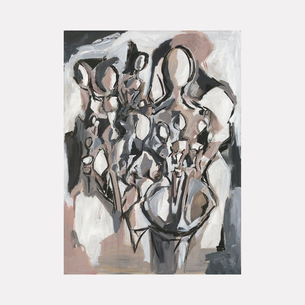 The artwork "Abstract Figures #2" by Kaitlin Andrews features a collection of faceless, abstract human-like shapes layered and intertwined in muted tones of gray, beige, white, and black. The painting showcases expressive brushstrokes and textured surfaces, emphasizing form and depth through an abstract, modern style.