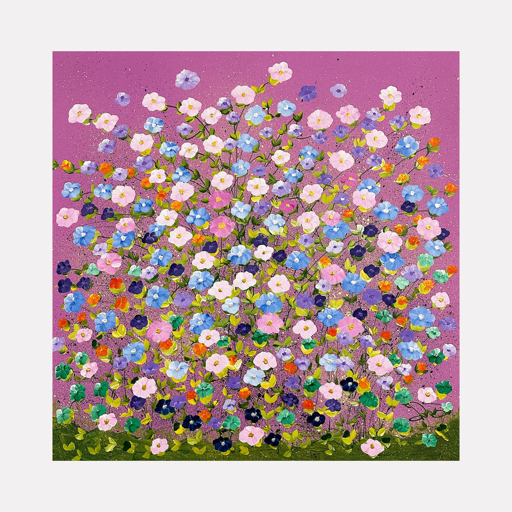 The artwork "Abundant Happiness" features a vibrant floral composition with clusters of delicate flowers in pastel pinks, blues, purples, and whites set against a rich magenta background. The piece uses thick, impasto brushstrokes reminiscent of Claude Monet’s impressionist style, creating a textured and lively garden scene. The artist is Dorothea Sandra.