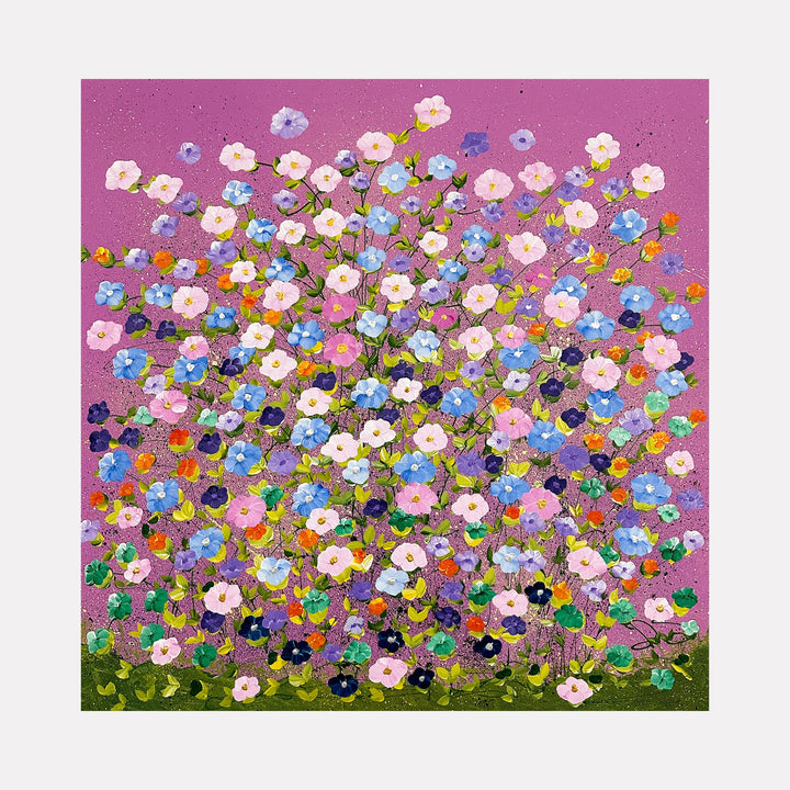 The artwork "Abundant Happiness" features a vibrant floral composition with clusters of delicate flowers in pastel pinks, blues, purples, and whites set against a rich magenta background. The piece uses thick, impasto brushstrokes reminiscent of Claude Monet’s impressionist style, creating a textured and lively garden scene. The artist is Dorothea Sandra.