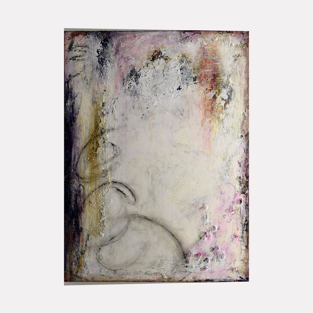 The artwork "Acknowledgment" by Deborah Chaney features a textured, abstract composition with soft pastel hues of pink, cream, and gold blending with touches of black and gray. The piece evokes the ethereal quality seen in works by artists like Mark Rothko and Gerhard Richter, with delicate layers and subtle forms creating a contemplative atmosphere.