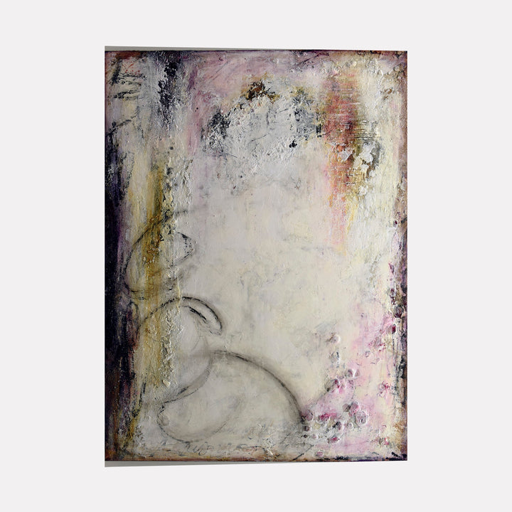 The artwork "Acknowledgment" by Deborah Chaney features a textured, abstract composition with soft pastel hues of pink, cream, and gold blending with touches of black and gray. The piece evokes the ethereal quality seen in works by artists like Mark Rothko and Gerhard Richter, with delicate layers and subtle forms creating a contemplative atmosphere.