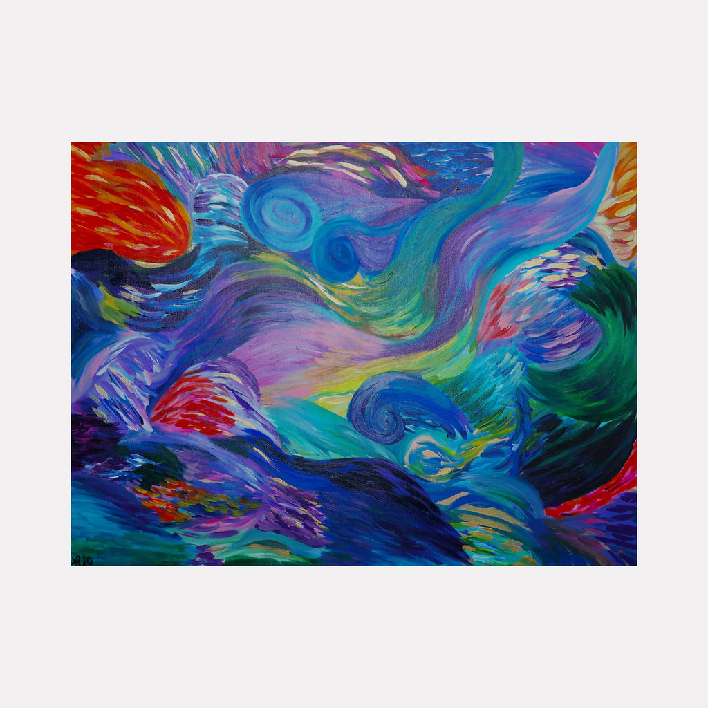The artwork "Adapt" features swirling, abstract shapes in vibrant hues of blue, purple, green, red, and yellow, blending fluidly to create a dynamic sense of movement and transformation. The textured brushstrokes and layering evoke an organic, flowing energy. Adapt by Kim Rosebud.