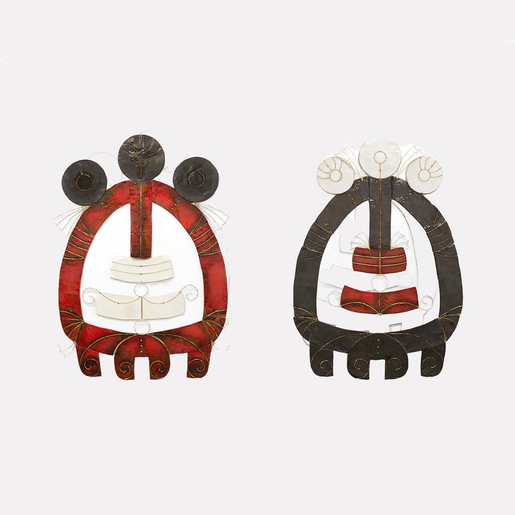 The artwork "6 Scoops" by Adina Andrus features two abstract figures crafted from metal with a combination of red, black, and white colors, incorporating circular and rectangular shapes with intricate wire details. The style reflects influences similar to mid-century modernist sculptures and elemental forms reminiscent of Alexander Calder’s kinetic works.