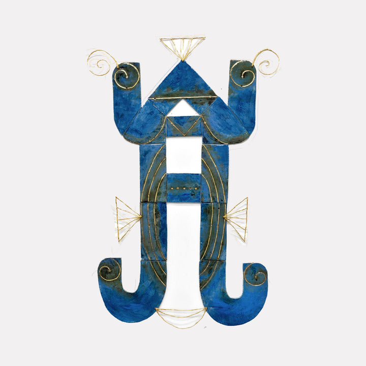 The artwork "Bleu Blanc Belge" by Adina Andrus features a symmetrical abstract composition with curved and angular blue forms accented by delicate gold wire details. The textured shapes evoke a sculptural, tribal aesthetic reminiscent of Alexander Calder’s mobiles and the geometric abstraction seen in Paul Klee’s works.