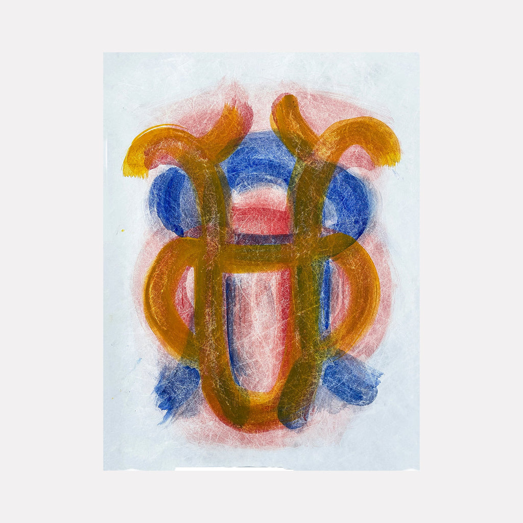 The artwork "Engram #1" by Adina Andrus features an abstract arrangement of intertwined, curved shapes in warm ochre and deep blue hues layered over a textured, translucent pink background. The textured drawing evokes a dynamic, organic quality reminiscent of the biomorphic abstractions found in Joan Miró’s and Paul Klee’s works.