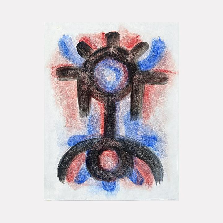 The artwork Engram #2 by Adina Andrus features a bold abstract drawing with thick black brushstrokes forming circular and linear shapes over a textured background of vibrant red and blue hues. The layered composition evokes a dynamic energy reminiscent of Jean Dubuffet’s raw graphic style and the gestural abstraction of Cy Twombly.