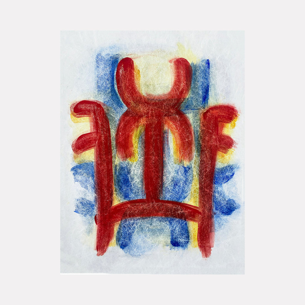 The artwork "Engram #3" by Adina Andrus features an abstract portrait composed of bold, textured red shapes layered over a soft blue and yellow background. The organic, rounded forms combined with rough, painterly textures evoke a dynamic interplay reminiscent of Joan Miró’s biomorphic abstractions and the vibrant color contrasts found in early Wassily Kandinsky works.