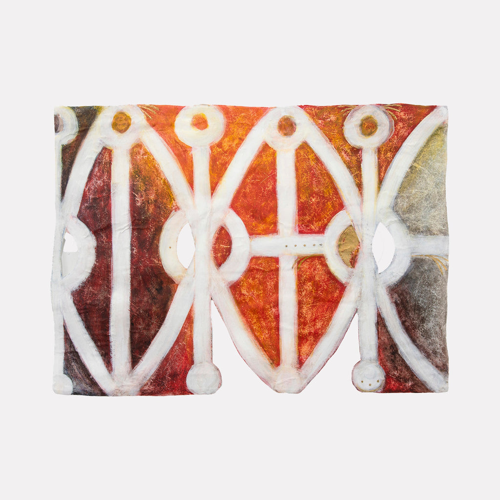 The artwork "Sitting Room West" by Adina Andrus features an abstract composition of interlocking white linear shapes set against bold, textured backgrounds in warm orange, red, and muted gray hues. The geometric forms and vibrant color contrasts evoke a modernist, architectural abstraction reminiscent of Paul Klee and Wassily Kandinsky.