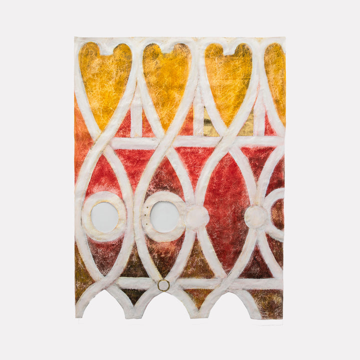 The artwork "Sitting Room East" by Adina Andrus features an abstract composition of interlocking white arches and circular shapes set against a textured background of warm reds, deep browns, and golden yellows. The layered, organic forms and vibrant palette evoke the geometric abstraction and rich colors reminiscent of Sonia Delaunay and Frank Stella.