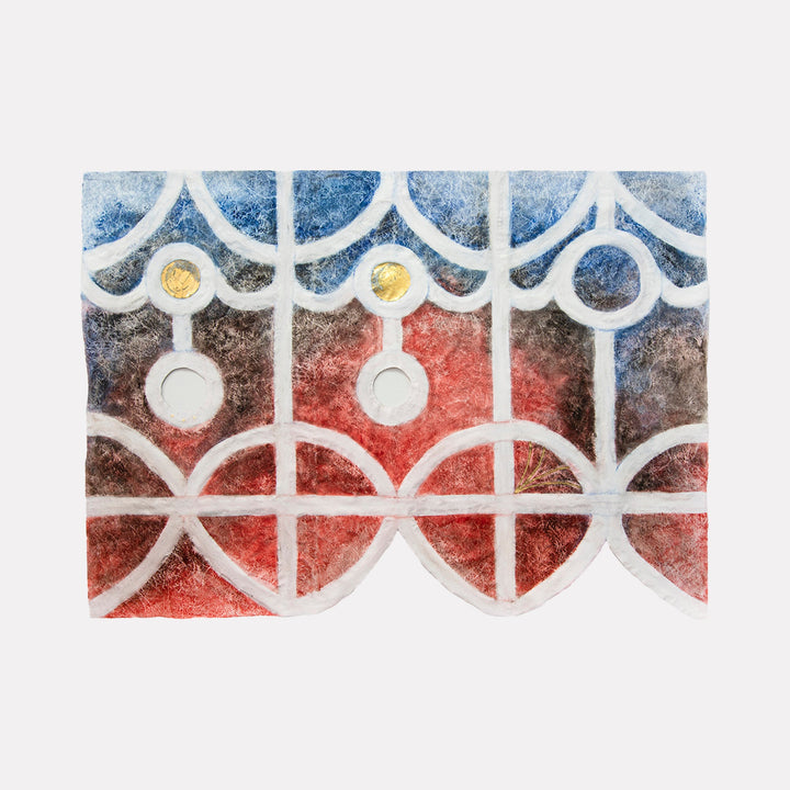 The artwork "Vestibule West" by Adina Andrus features a textured abstract composition with geometric patterns resembling wrought iron gates, layered over a gradient background of deep reds, blues, and dark greys. The interplay of circular and linear forms along with subtle gold accents evokes a modernist abstraction reminiscent of the work of Paul Klee and Sonia Delaunay.