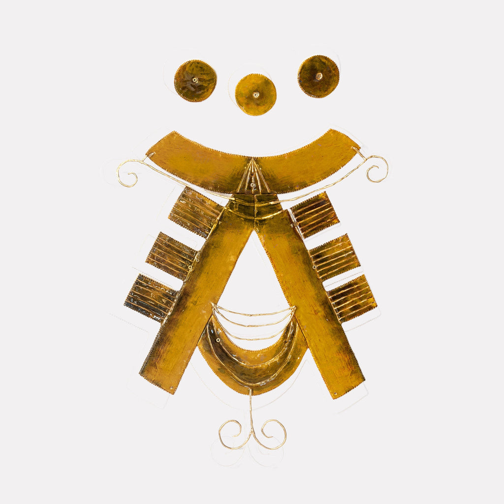 The artwork "White Girl Curry #1" by Adina Andrus features a sculptural portrait composed of geometric and curved metallic shapes in warm golden tones. Layered, textured brass pieces form an abstract face with circular and angular elements, evoking mid-century modernist sculpture and the minimalist abstractions reminiscent of Alexander Calder and David Smith.