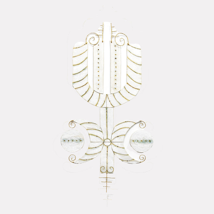 The artwork "With Whipped Cream Frosting" by Adina Andrus features a delicate, linear white sculpture with gold accents and symmetrical, abstract floral shapes. The refined textures and elegant curves evoke a minimalist, ornamental style reminiscent of modernist sculptors like Constantin Brâncuși and the graceful simplicity found in Art Nouveau design.