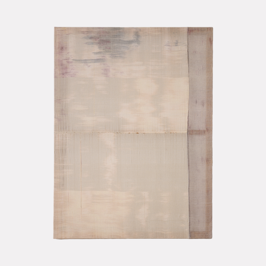 Untitled #180 by Victoria Manganiello features a muted abstract composition with soft, layered shades of beige, taupe, and subtle lavender tones. The textured surface highlights gentle horizontal and vertical lines, creating a serene and contemplative atmosphere through minimalist and organic forms.