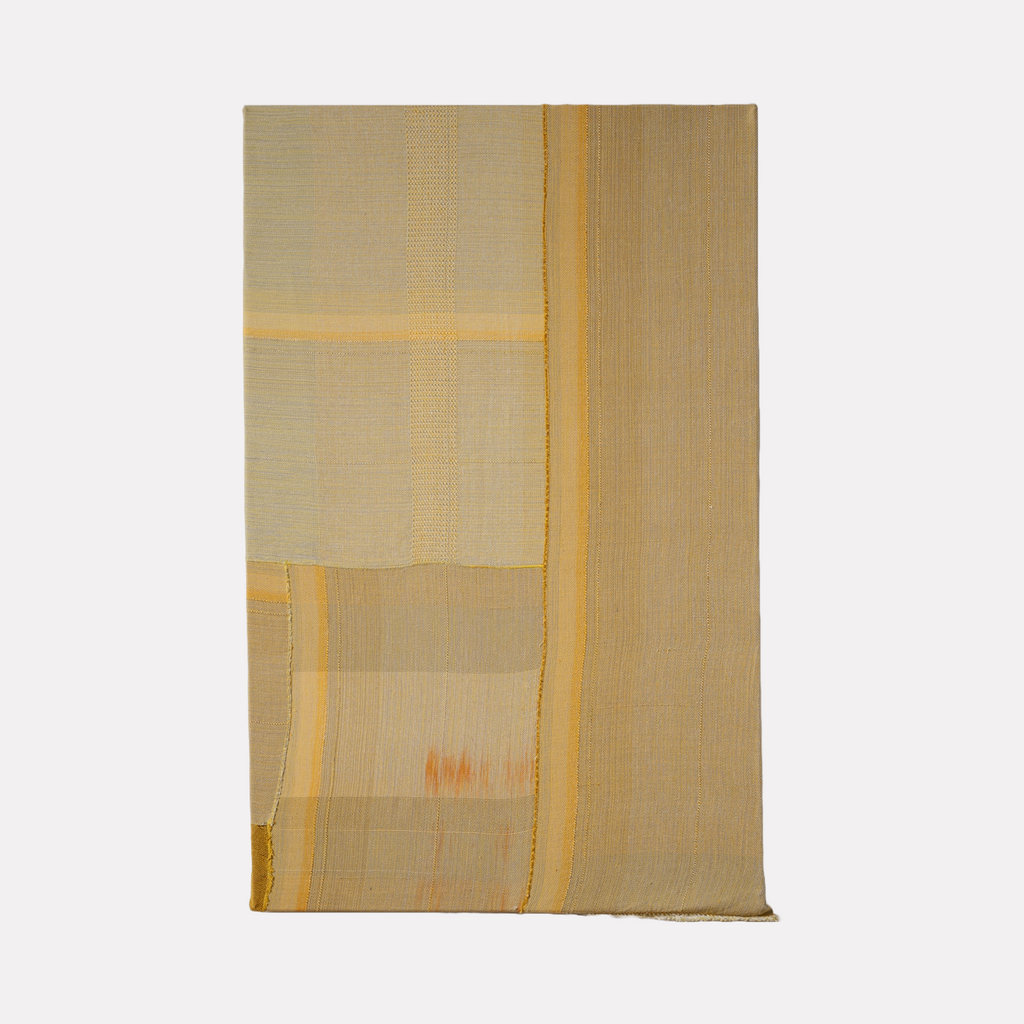 Untitled #179 by Victoria Manganiello presents a woven textile artwork in warm, earthy tones of beige, ochre, and soft gold. The composition features subtle layering and alignment of rectangular shapes, emphasizing texture and natural fiber patterns to create a quiet, understated visual harmony.