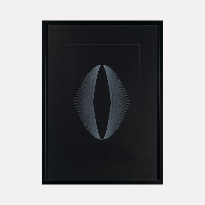 Algorithmic Textures (#10) by Craftwork presents a minimalist framed art piece featuring a symmetrical abstract shape in subtle gray lines against a deep black background, blending precise geometry and conceptual depth in a modern artistic expression.