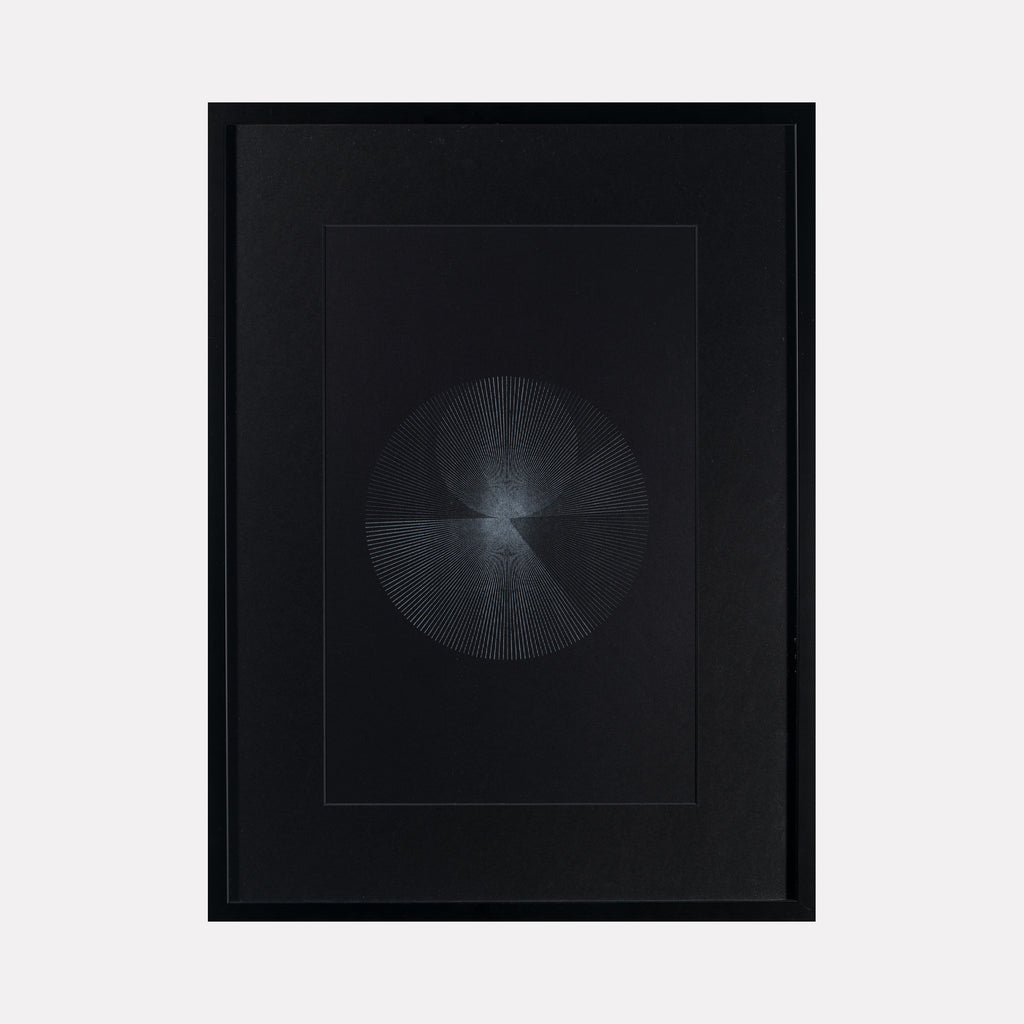 Algorithmic Textures (#11) by Craftwork depicts a framed contemporary art piece featuring a subtle, circular geometric pattern in shades of black and dark gray, combining minimalist line work and delicate texture for a refined abstract visual effect.