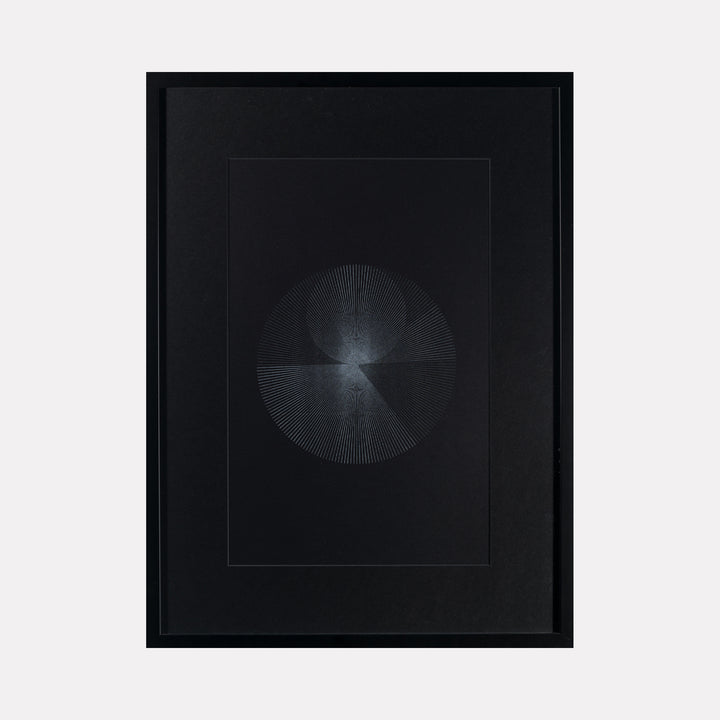 Algorithmic Textures (#11) by Craftwork depicts a framed contemporary art piece featuring a subtle, circular geometric pattern in shades of black and dark gray, combining minimalist line work and delicate texture for a refined abstract visual effect.