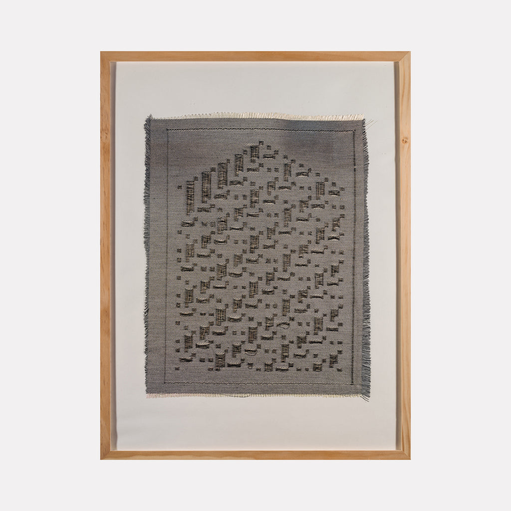Algorithmic Textures (#12) by Craftwork presents a framed textile artwork featuring a neutral-toned grid pattern with subtle stepped motifs, combining textured weaving and minimalist design to create a contemplative and modern abstract art piece.
