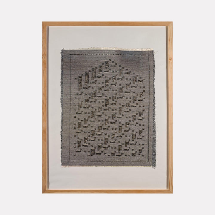Algorithmic Textures (#12) by Craftwork presents a framed textile artwork featuring a neutral-toned grid pattern with subtle stepped motifs, combining textured weaving and minimalist design to create a contemplative and modern abstract art piece.